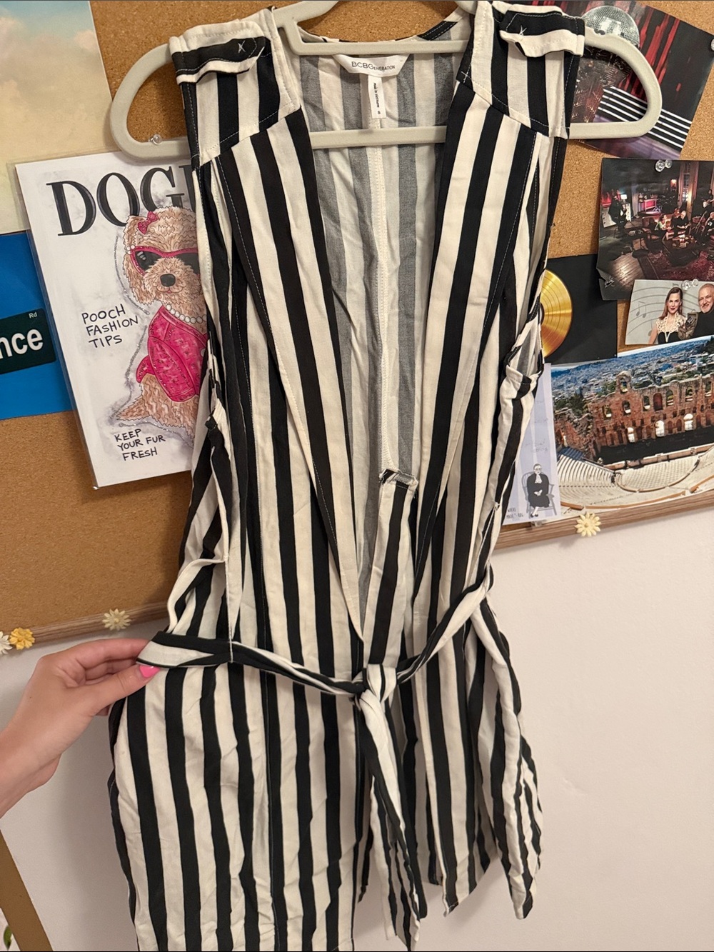 BCBGeneration Black & White Striped Tie-Waist Sleeveless Romper